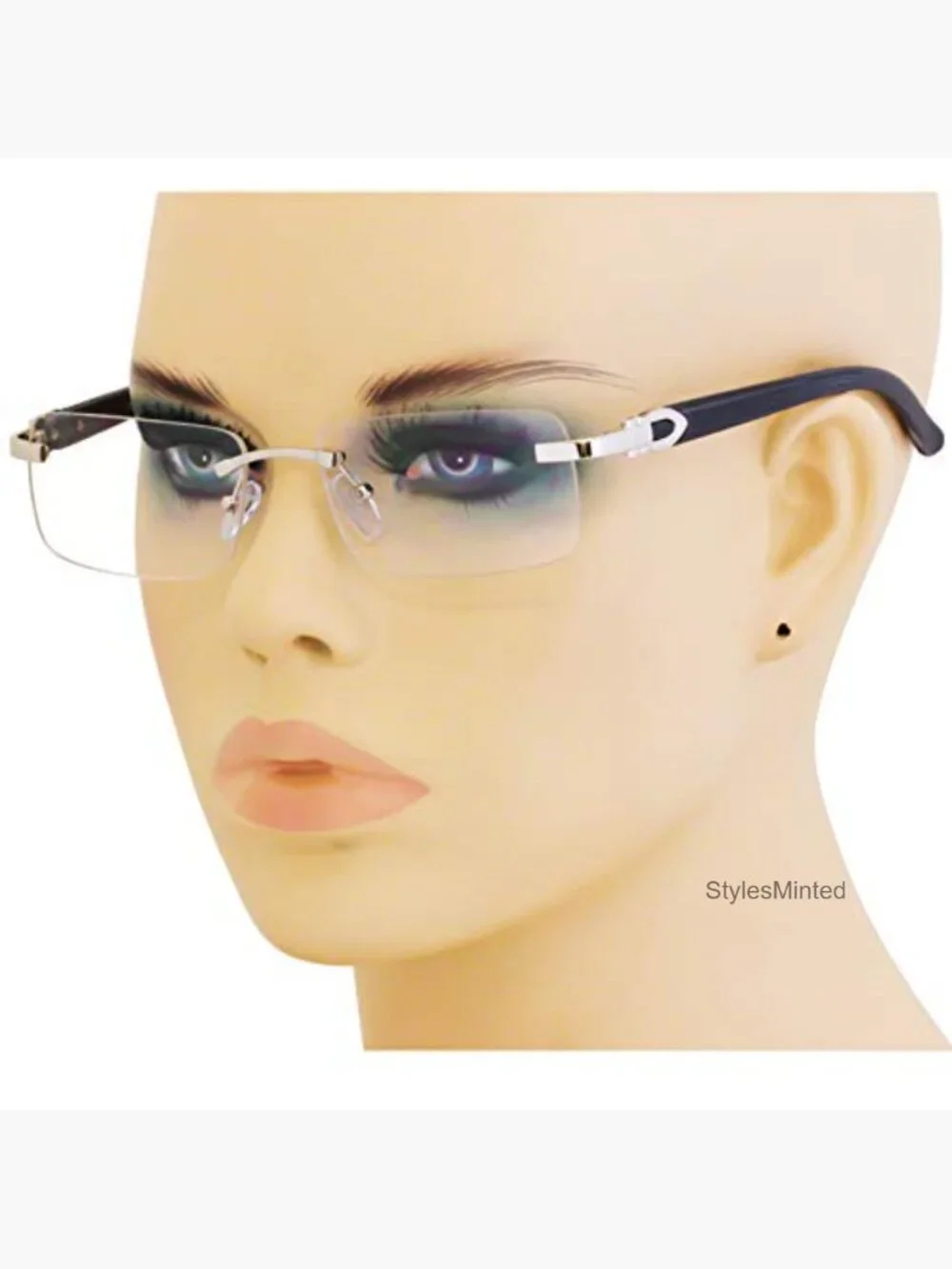 Slim Rimless Rectangular Metal & Wood Art Sunglasses UV400
